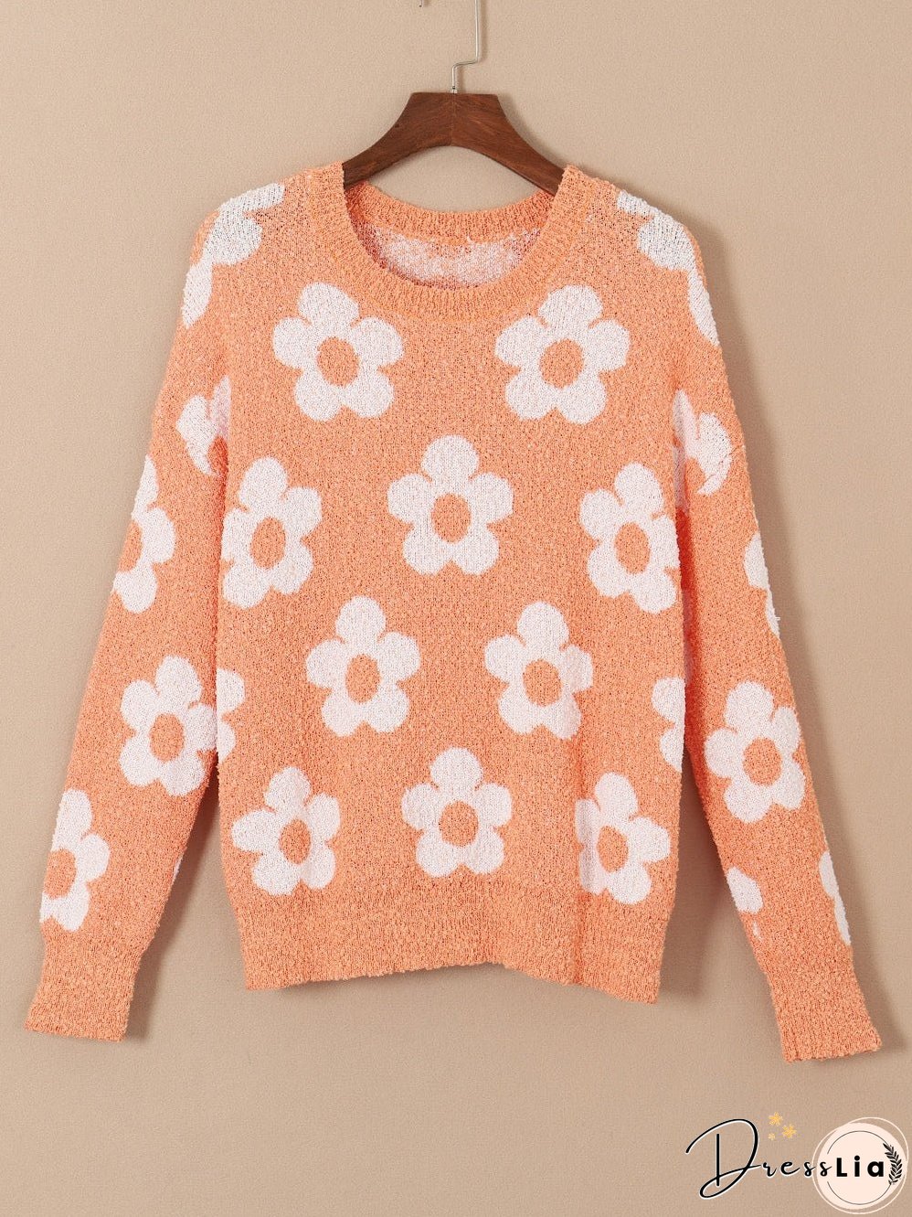Grapefruit Orange Floral Knit Drop Shoulder Sweater with Fuzzy Texture