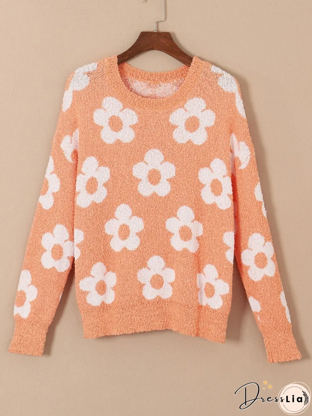 Grapefruit Orange Floral Knit Drop Shoulder Sweater with Fuzzy Texture