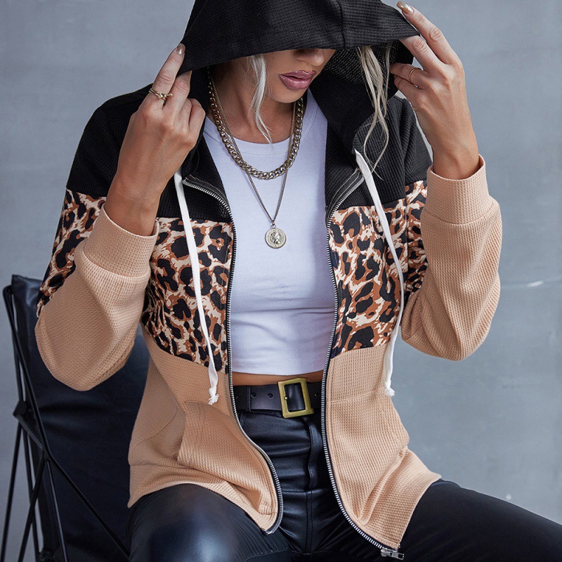 Mature Women Leopard Print Stitching Zipper Sweater Hooded Jacket