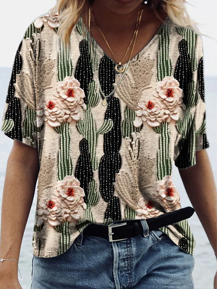 Comstylish Western Cactus Floral Embroidery Casual T-Shirt