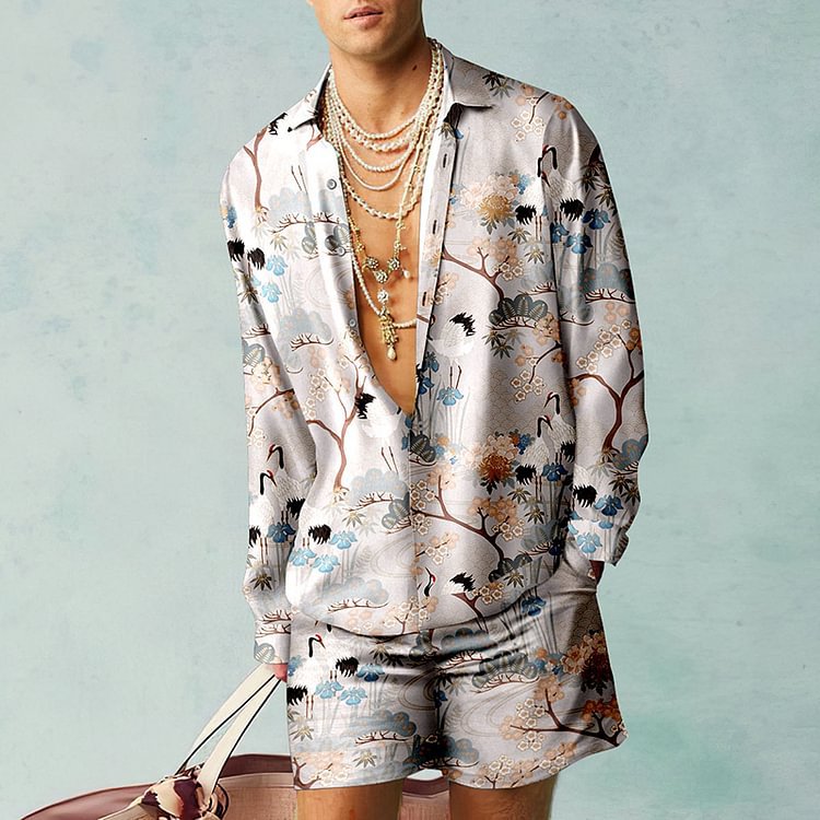 Thoval Fashion 3D Print Two Piece Set Men Long Sleeve Lapel Shirts And Shorts Casual Loose Suits Summer Hawaiian Beach Outfits Male