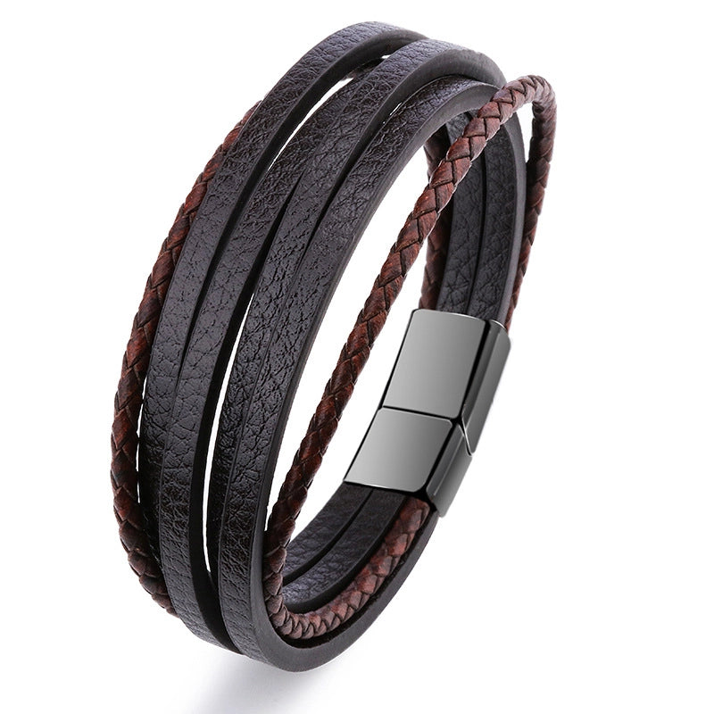 Retro Minimalist Solid Color Pu Leather Alloy Magnetic Buckle Layered Plating Men’s Bracelets Men Cord & Leather Bracelets