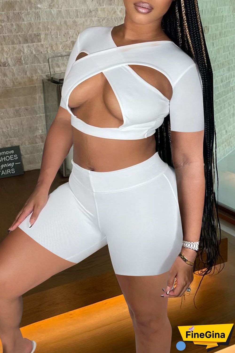 White Sexy Solid Hollowed Out Patchwork V Neck Short Sleeve Two Pieces