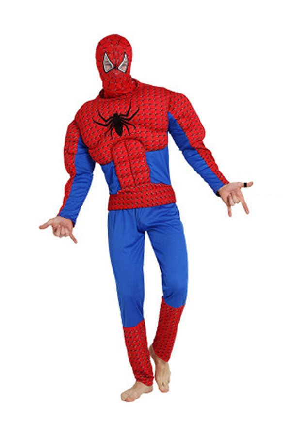 Halloween Muscle Spiderman Jumpsuit Adults Man Costume Dark Red-elleschic