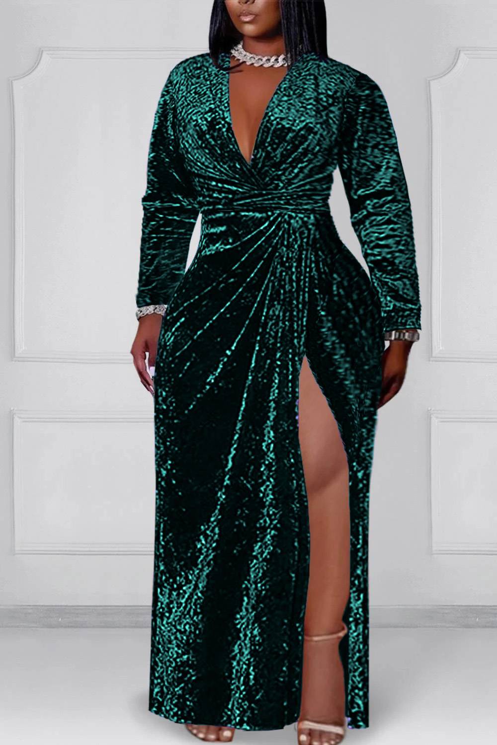 Plus Size Formal Dress Purple V-Neck Long Sleeve Split Velvet Maxi Dress