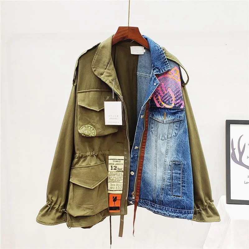 2021 Autumn New Fashion Wild Loose Stitching Blue Khaki Patchwork Denim Jacket Women