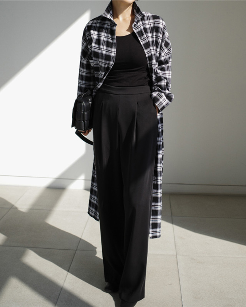 Checkered Long Sleeve Button Dowm Front Loose Long Length Shirt