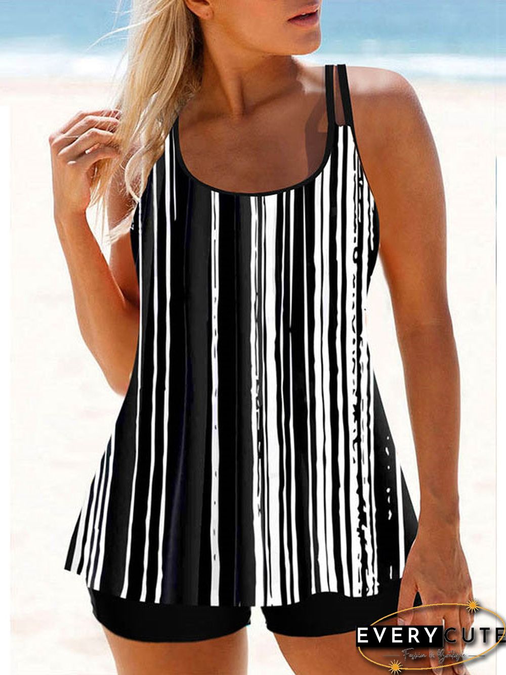 Women Double Strap Striped Colorblock Tankini Set