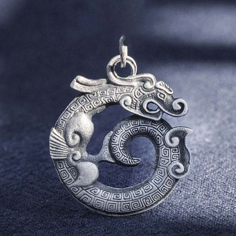 Round Dragon 999 Sterling Silver Auspicious Cloud Luck Necklace Pendant