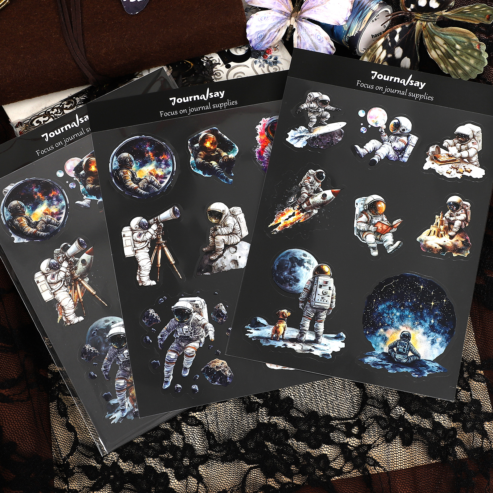 PET 스티커 - 2매 빈티지 우주인 캐릭터 달