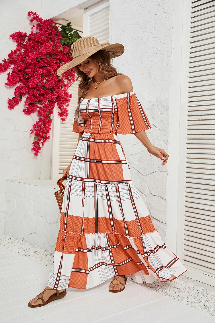 Vacation Style Off-the-Shoulder Short Sleeve Maxi Dress