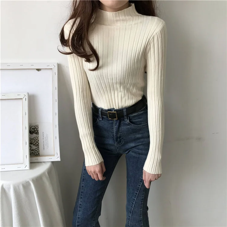 Uveng Uveng Winter Half-High Sweater Women Long Sleeve Pure Color Spring And Autumn Pit Stripe Loose Knitted Bottom Shirt