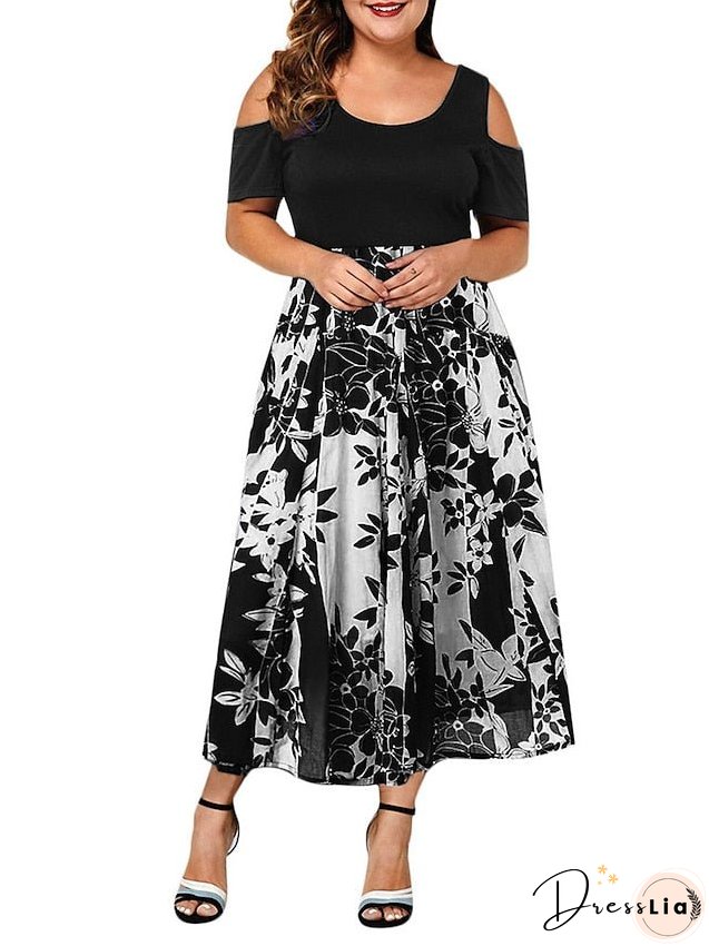 Plus Size Casual Dress Skater Line Floral Long Maxi Short Sleeve Hollow Out Print Crew