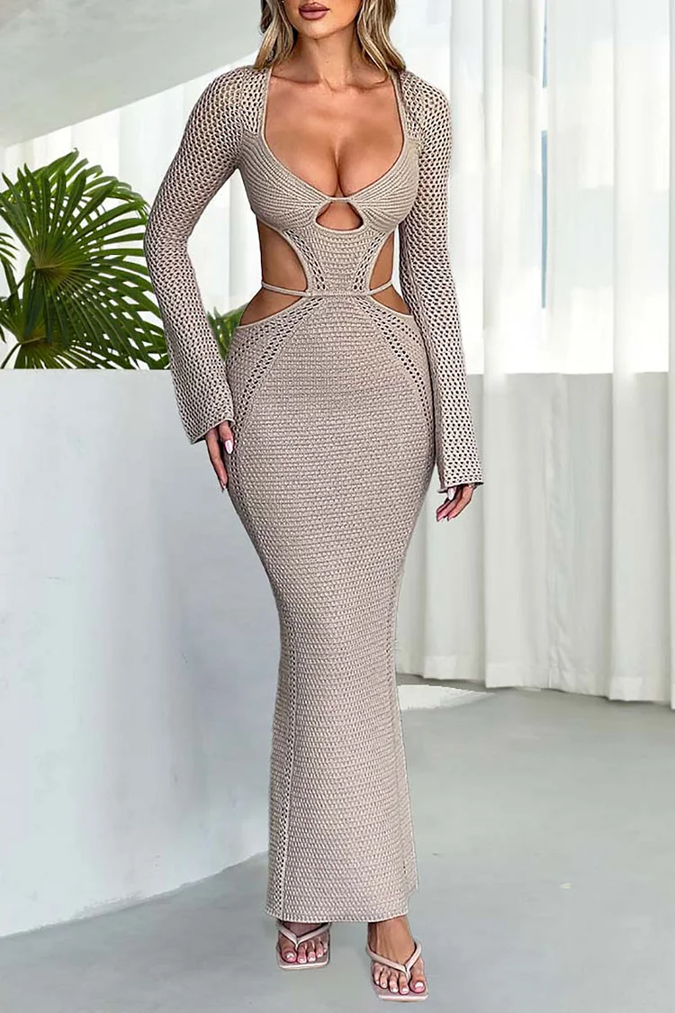 Cutout Crochet Long Sleeve Plunge Neck Backless Maxi Dresses [Pre Order]