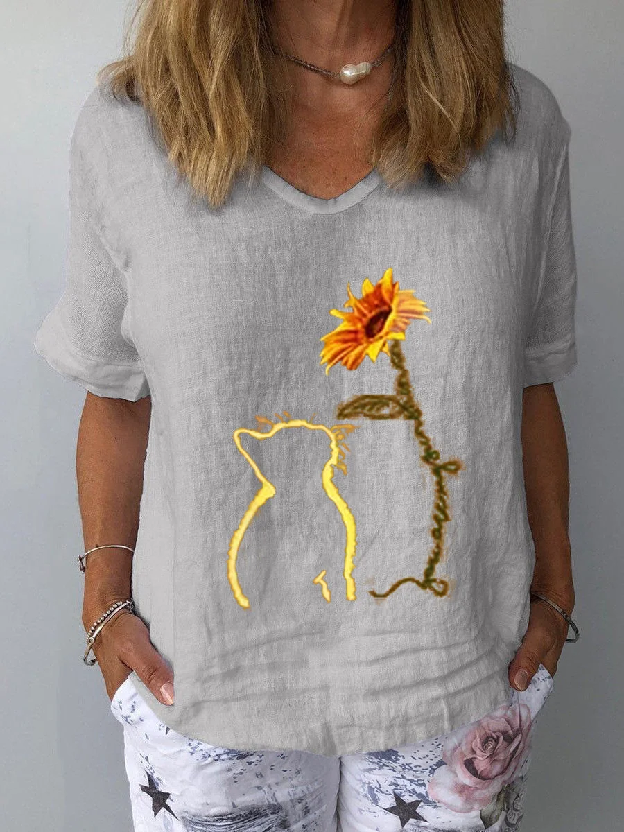 Women's Short Sleeve V-Neck Solid Floral Printed Tops