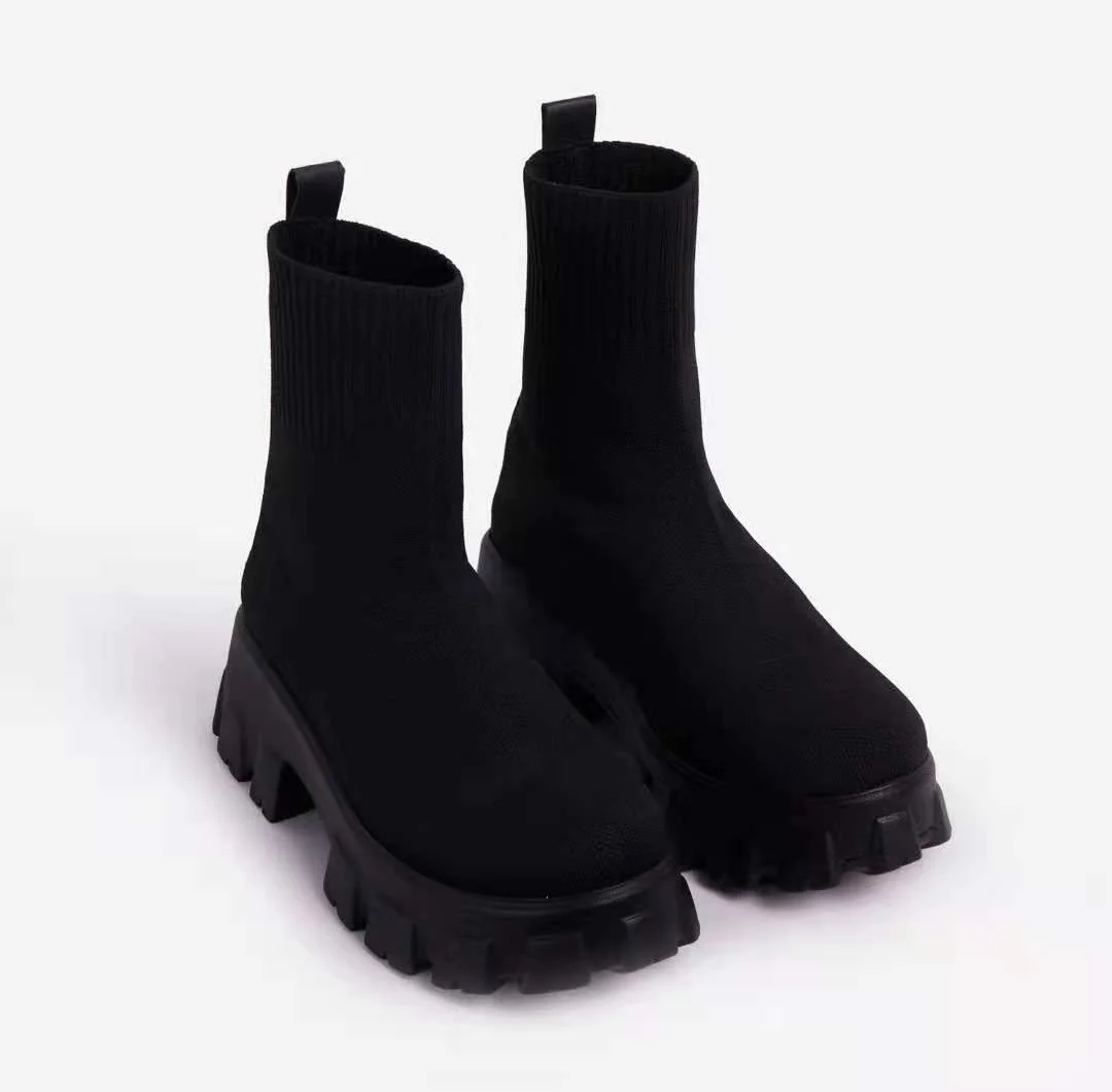 Qengg Qengg New 2023 Martin Round Boots Knit Ankle Boots Fall And Winter Thick Bottom Heel Low Top Fly Large Size