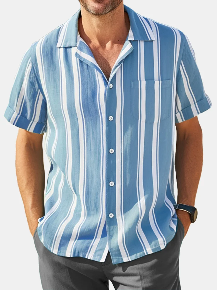 Men's Hawaiian Simple Striped Faux Linen Comfortable Short Sleeve Cuban Collar Shirt