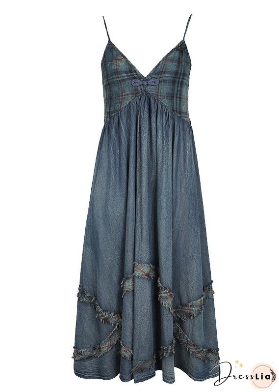 Women Blue Cinched V Neck Patchwork Spaghetti Strap Cotton Denim Dresses Spring