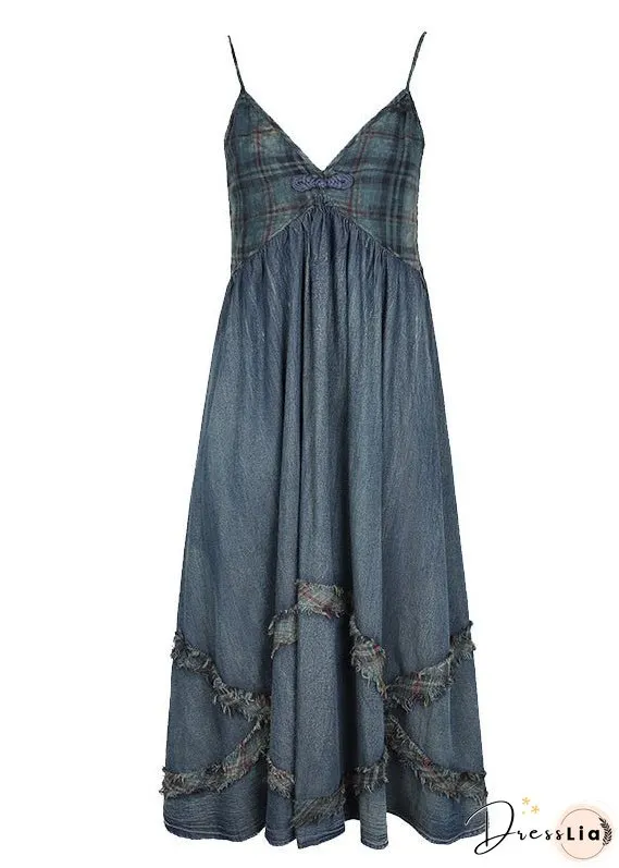 Women Blue Cinched V Neck Patchwork Spaghetti Strap Cotton Denim Dresses Spring