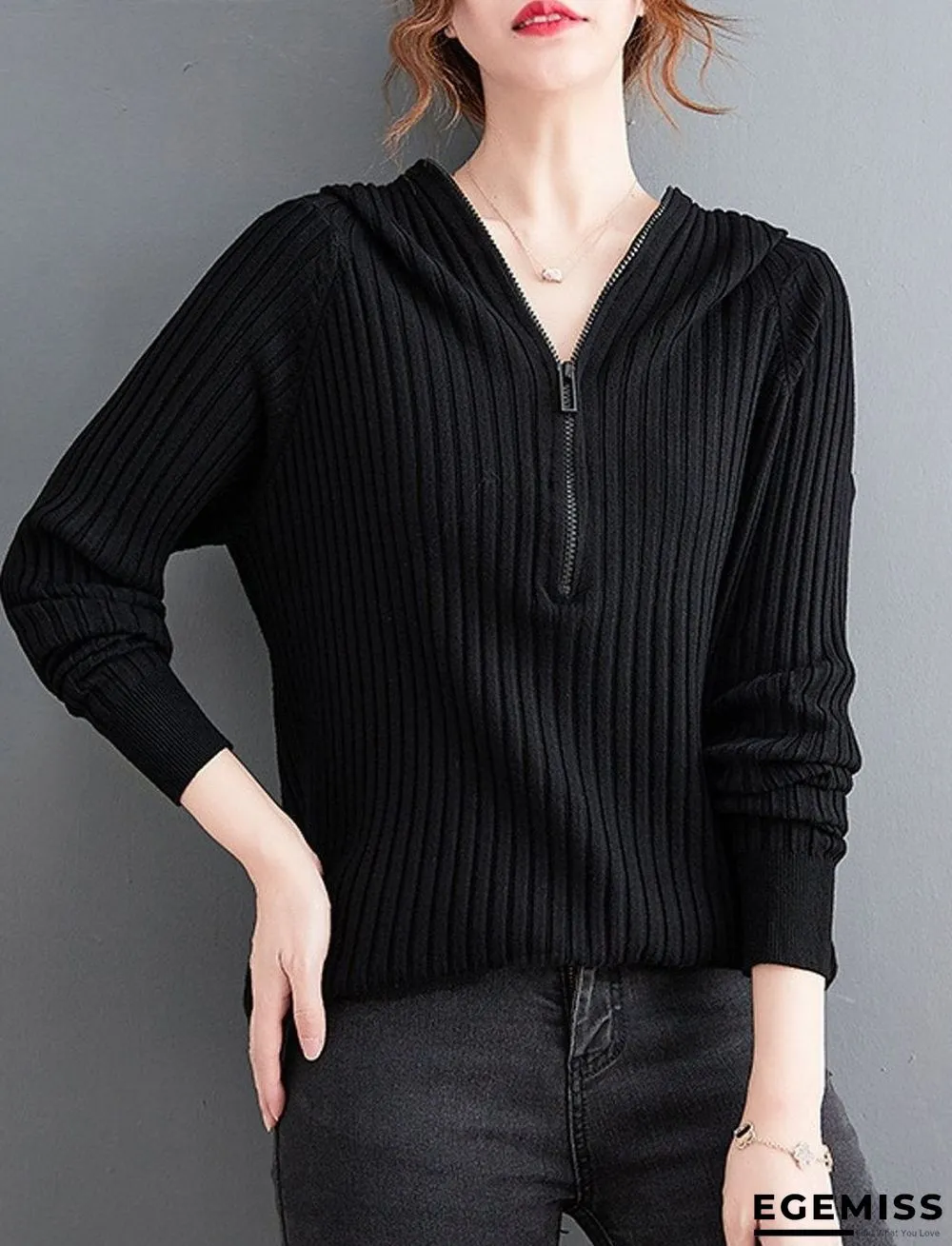 Casual Hooded Solid Color Zipper Knitted Sweater | EGEMISS