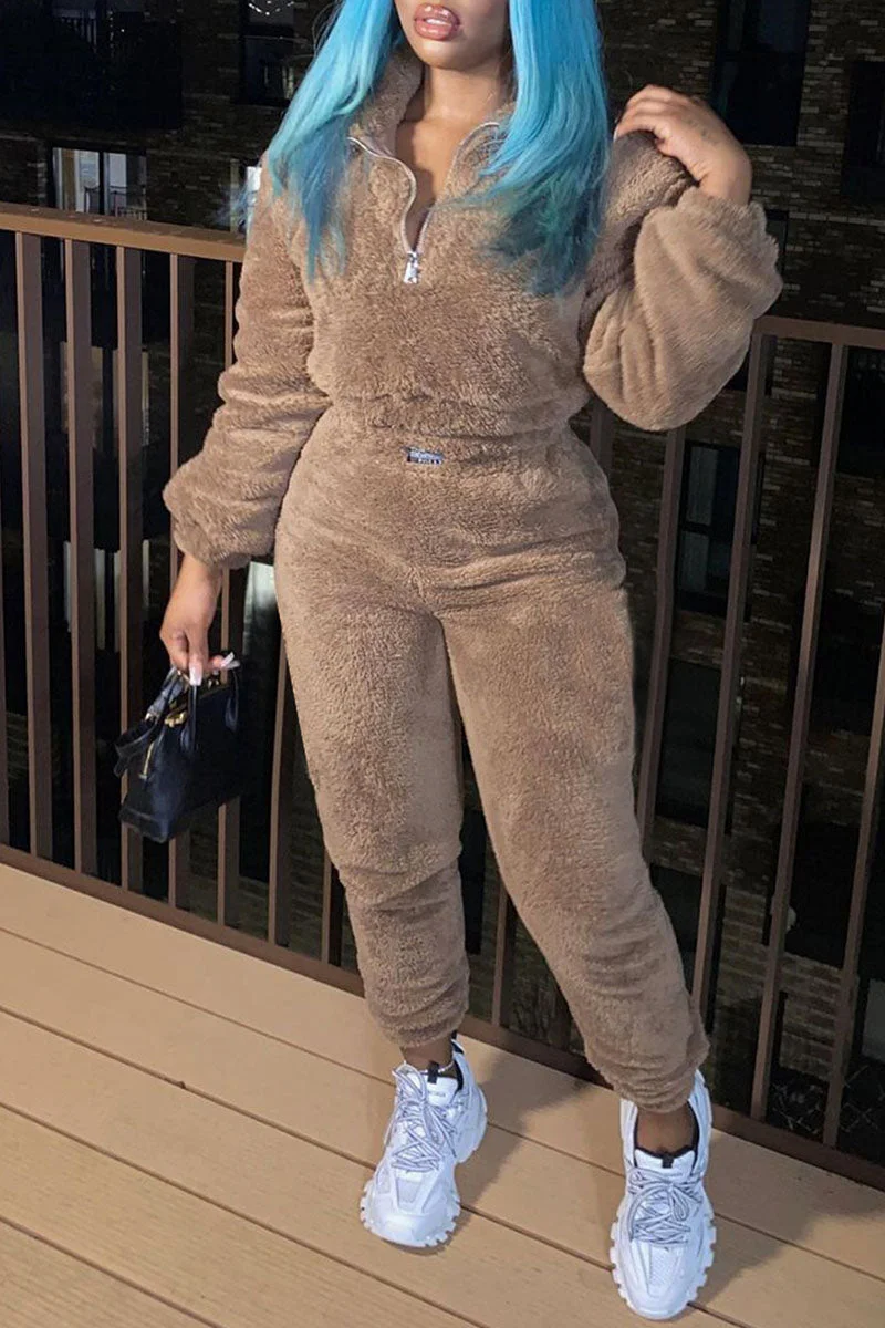 Casual Solid Patchwork Zipper Collar Long Sleeve Two Pieces