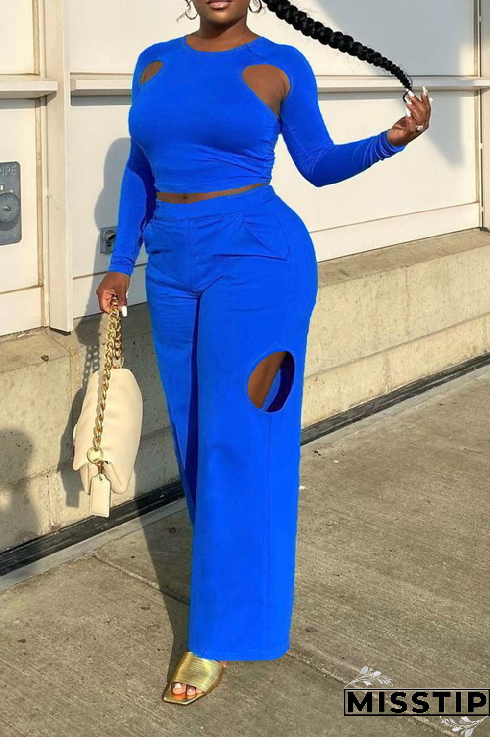 Blue Casual Solid Ripped O Neck Long Sleeve Two Pieces