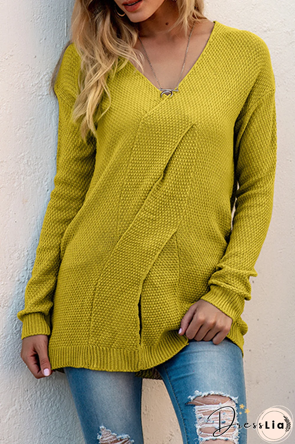 Casual Solid Split Joint Slit V Neck Tops