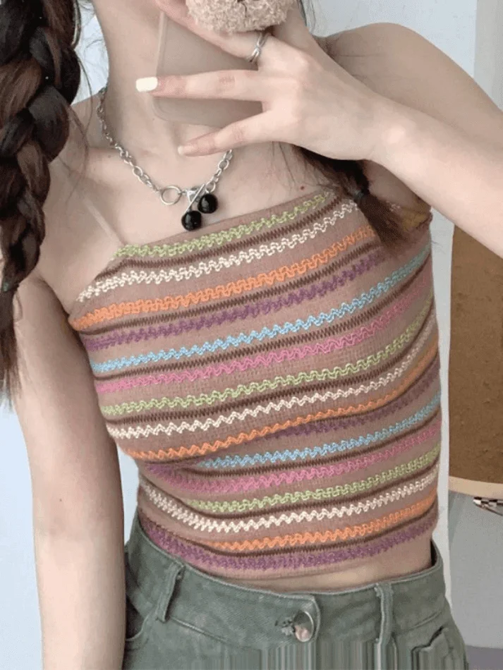 Brownm Color Block Striped Knitted Crop Cami Top