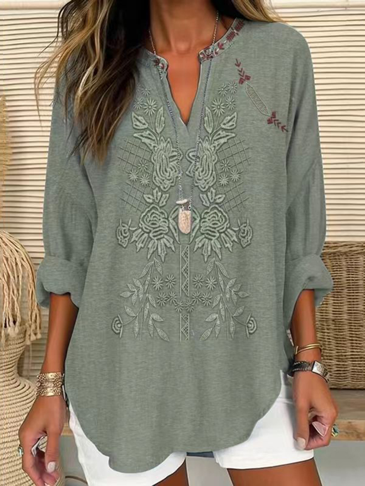 Women Summer Vintage Floral V-Neck 100%Cotton Blouse main image 0