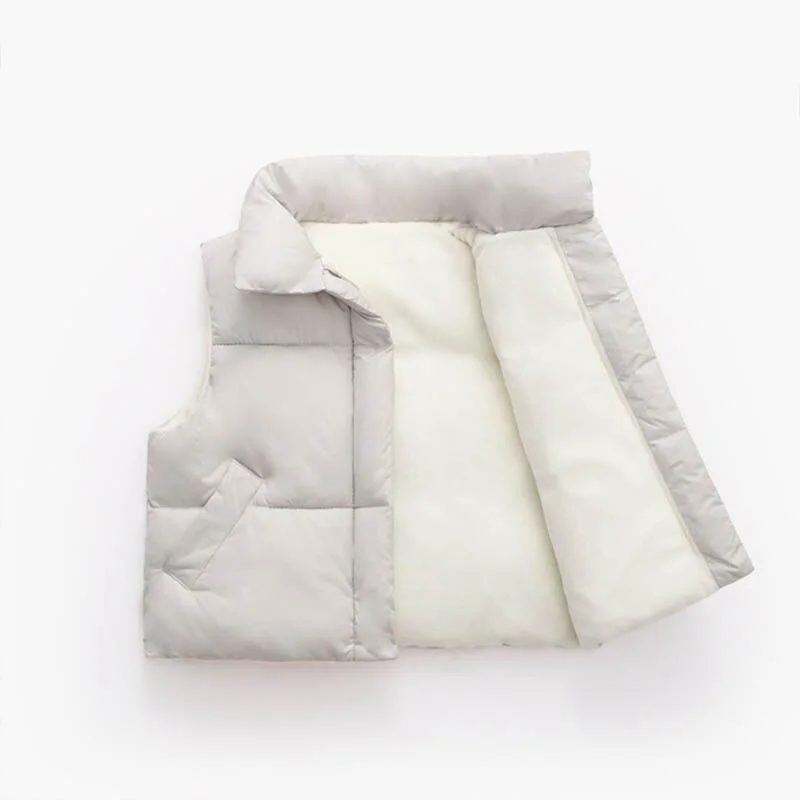 Children Solid Color Vest Boys Girls Plus Velvet Padded Clothes Kid Cotton Stand-Up Collar Waistcoat Baby Warm Wearing  4-9Y