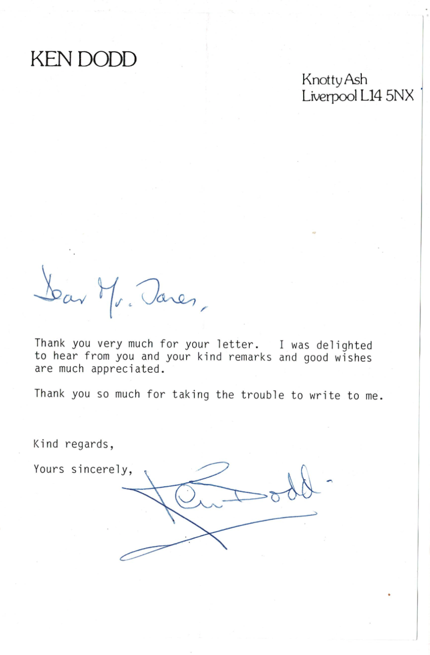 Ken Dodd signed autographed letter! RARE! AMCo Authenticated! 14311