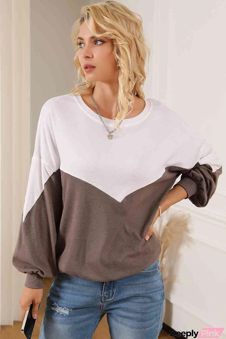 Contrast Round Neck Lantern Sleeve Sweatshirt