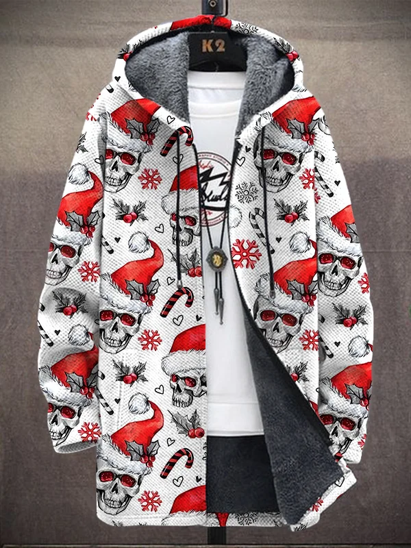 Men's Fun Santa Skull Watercolor Graphic Print Hooded Trench Coat