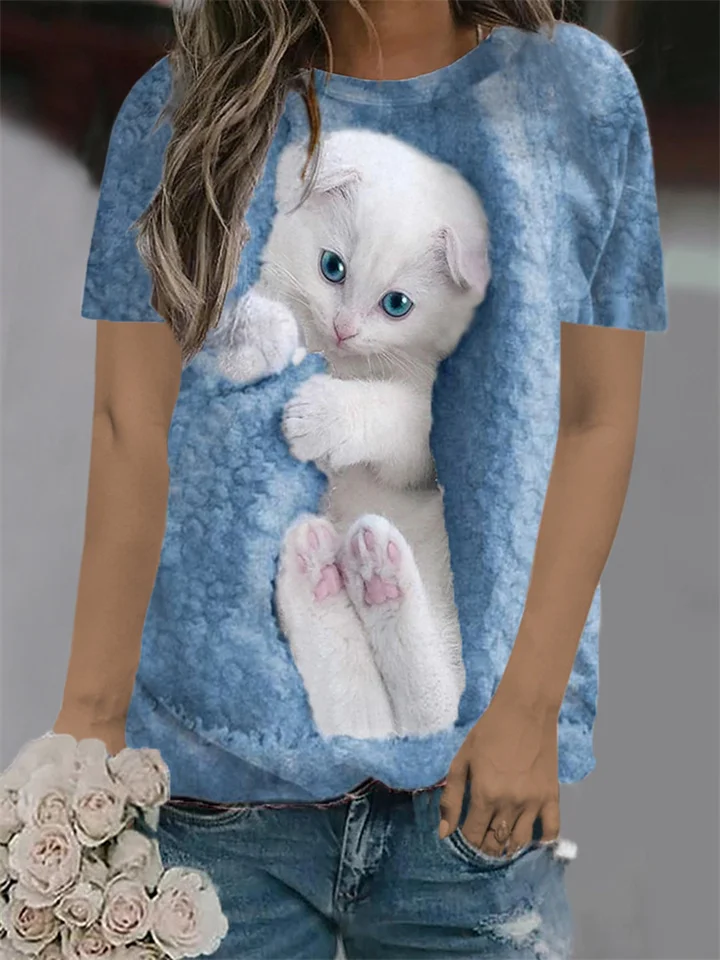 New Casual Loose Cat Print Short-sleeved Round Neck T-shirt Blue Green Pink S M L XL 2XL 3XL-Cosfine