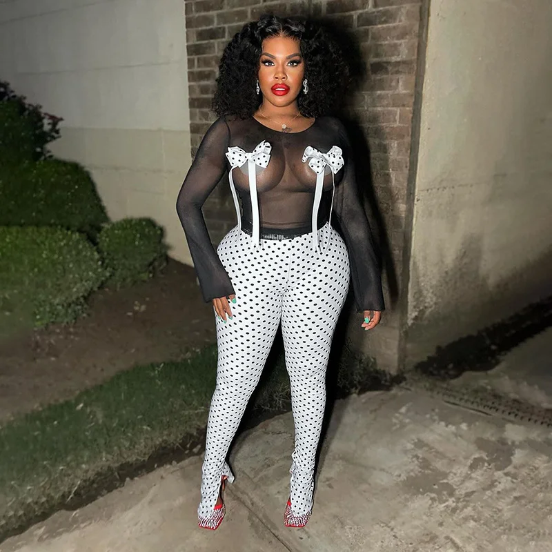 Uveng Uveng Women's Autumn And Winter Perspective Mesh Bow Bow Collar Tight Wave Dot Set