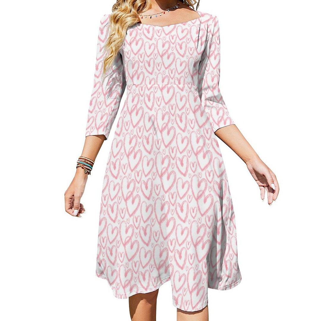 Modern Brush Heart Pink White Pattern Dress Sweetheart Tie Back Flared 3/4 Sleeve Midi Dresses
