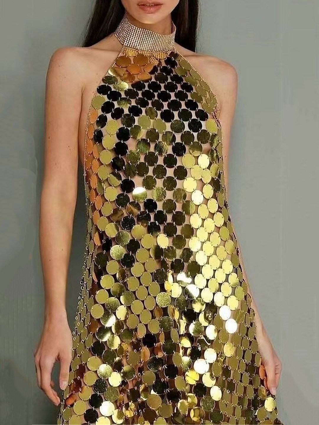 QJONG see through metal sequin summer dress women 2022 backless Rhinestone beach club party dresses mini bodycon dress vestidos
