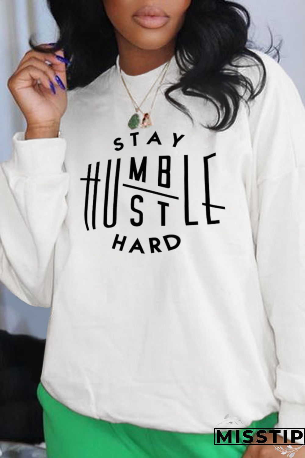 White Fashion Casual Print Patchwork Letter O Neck Tops