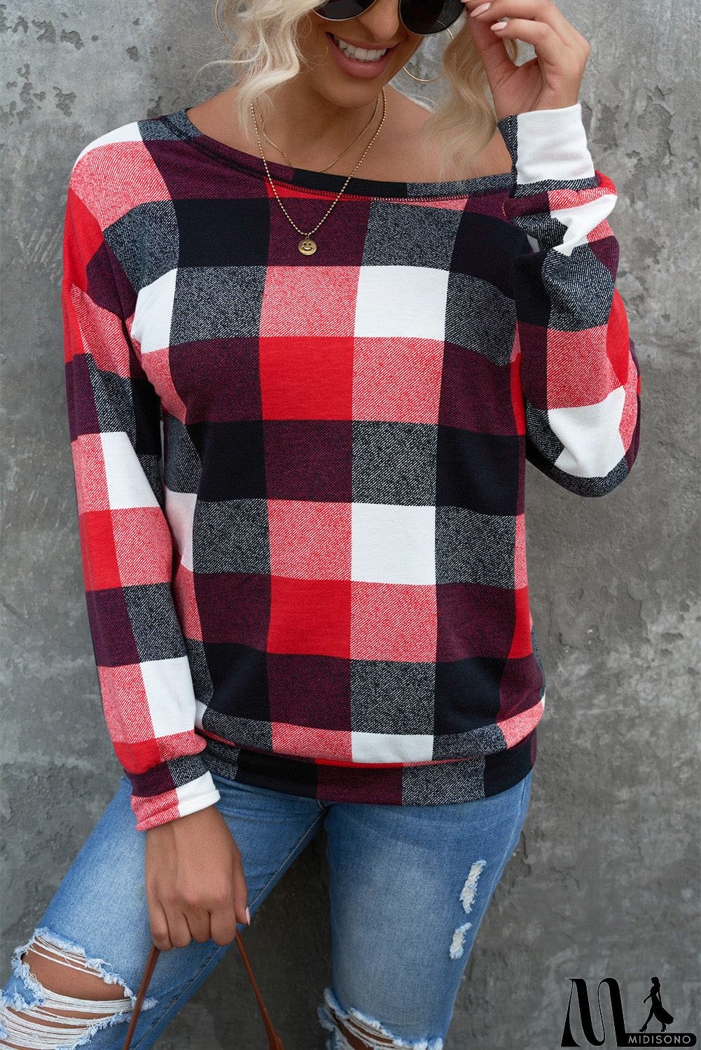 MidiSono - Round Neck Plaid Long Sleeve Pullover Top