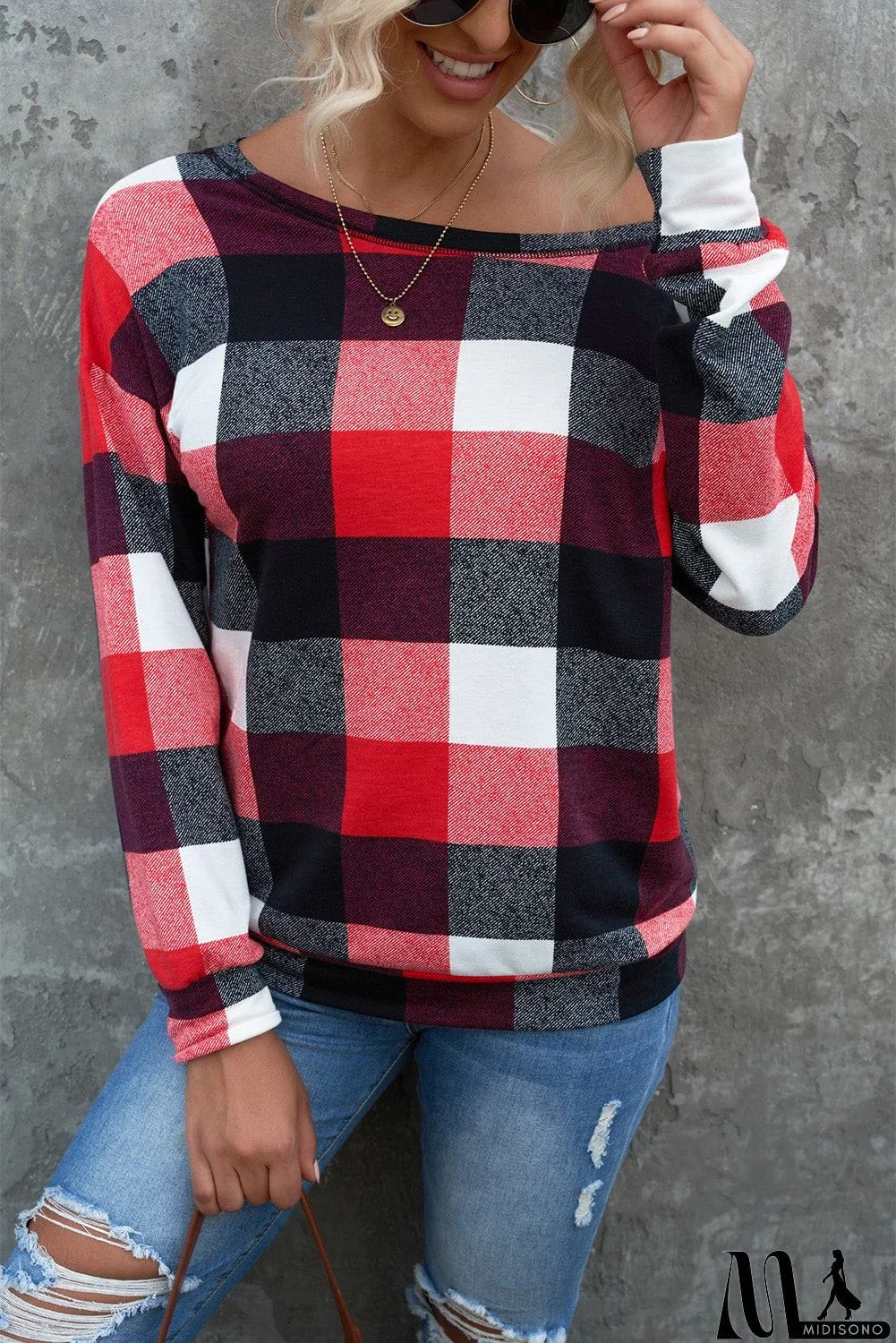 MidiSono - Round Neck Plaid Long Sleeve Pullover Top