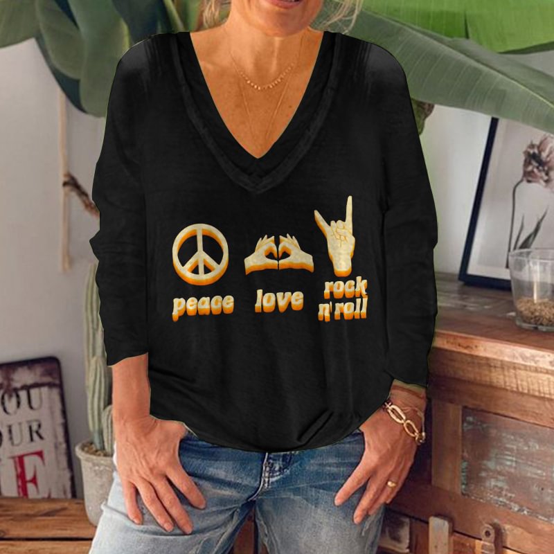 Peace Love Rock N' Roll Printed Long Sleeves T-shirt