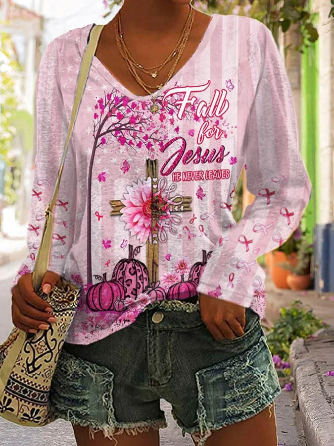 Pumpkin Leopard Breast Cancer Awareness Fall For Jesus He Never Leaves Print T-Shirt