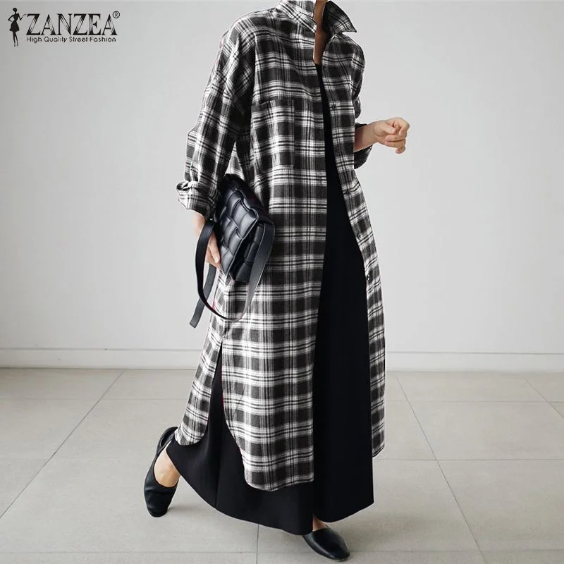 ZANZEA Vintage Women Plaid Checked Long Shirt Dress 2022 Autumn Casual Lapel Neck Long Sleeve Sundress Loose Vestidos Robe Femme