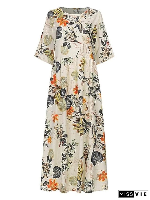 Women's Shift Dress Maxi Long Dress Red Navy Blue Yellow Half Sleeve Floral Print Spring Summer Round Neck Casual