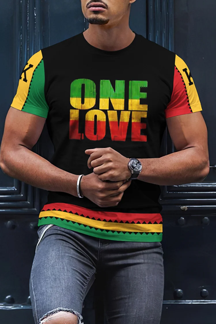 Vintage One Love Reggae K Print Short Sleeve T-Shirt