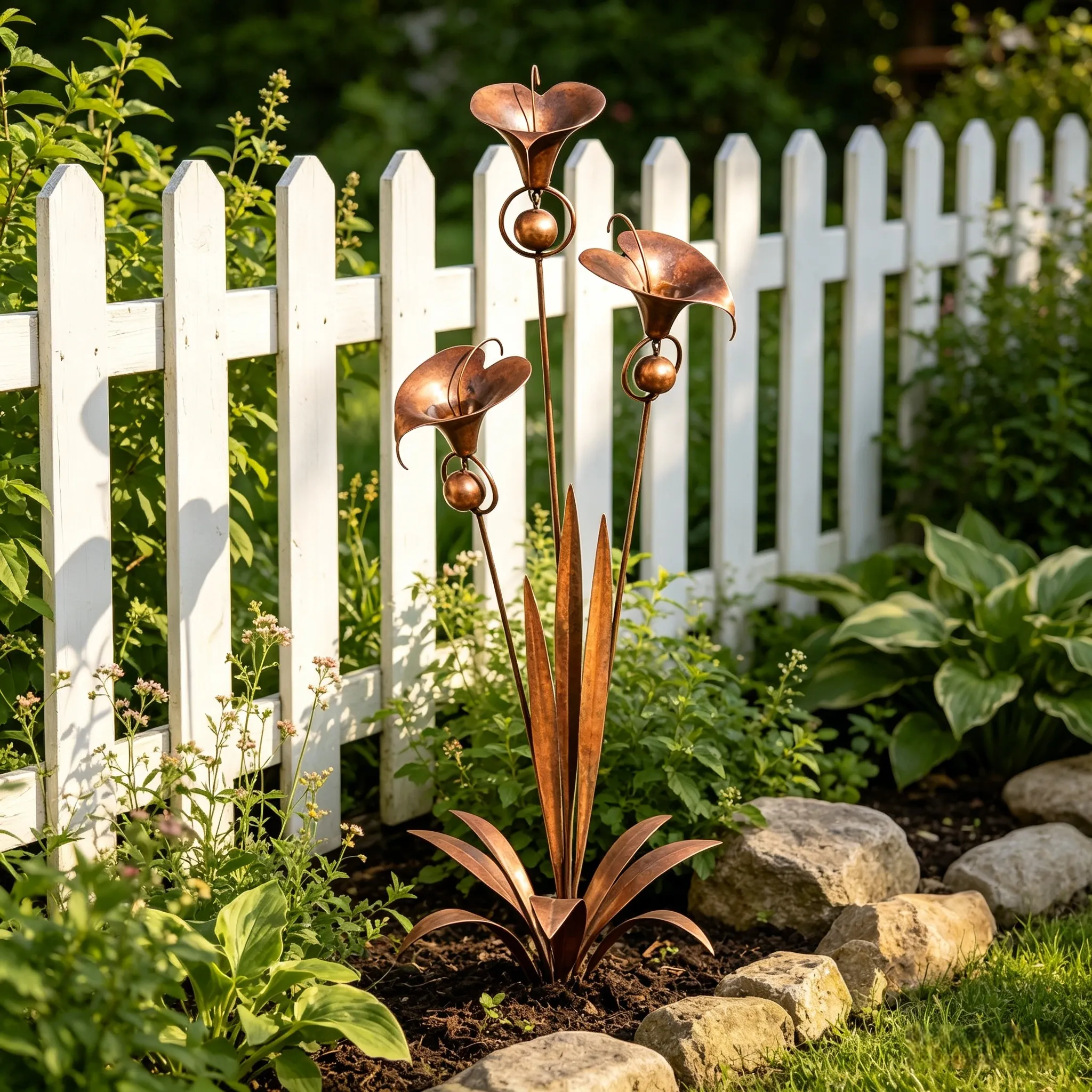 Flamed Copper Three Calla Lilies Garden Stake with Bells, 28" Handcrafted Outdoor Yard Art