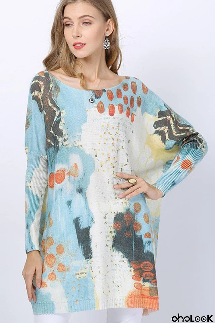 Printed Boat Neck Longline Knitted Top