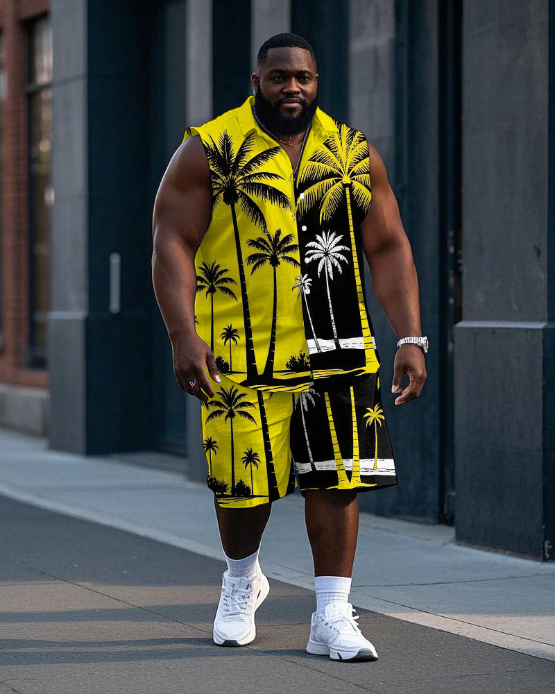 Big Men's Hawaii Splicing Style Coconut Trees Printed Sleeveless Shirt and Shorts Set
