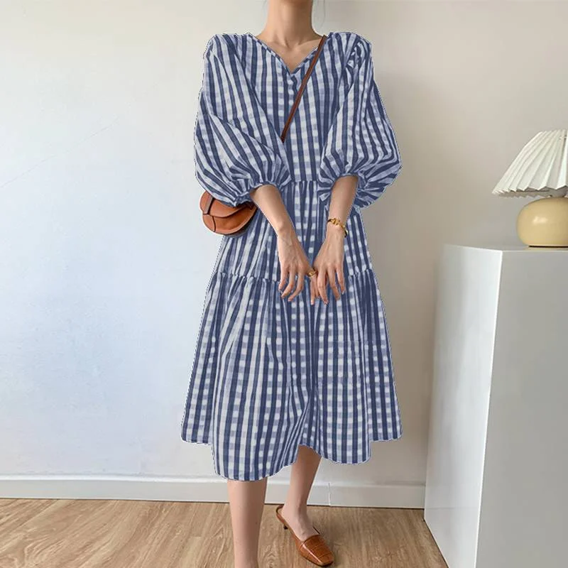 Women Summer Elegant V Neck Puff Sleeve Sundress ZANZEA Fashion Plaid Checked Midi Dress 2022 Casual OL Work Vestido Robe Femme