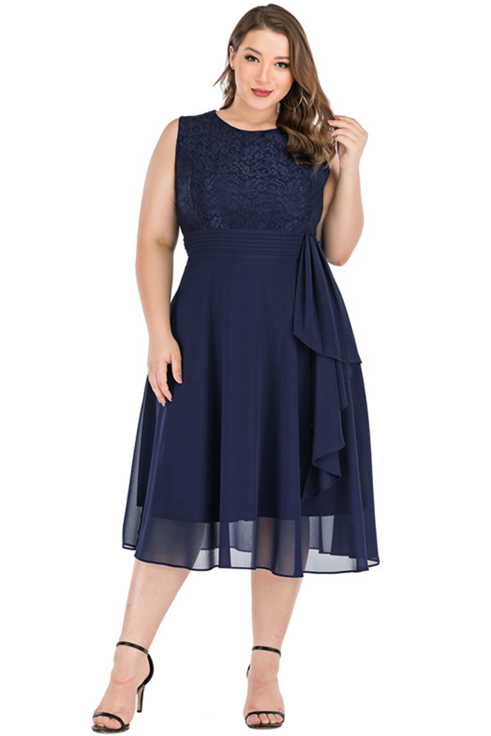 Plus Size Everyday Navy Blue Chiffon Lace Sleeveless Midi Dress 2024 - Flycurvy 